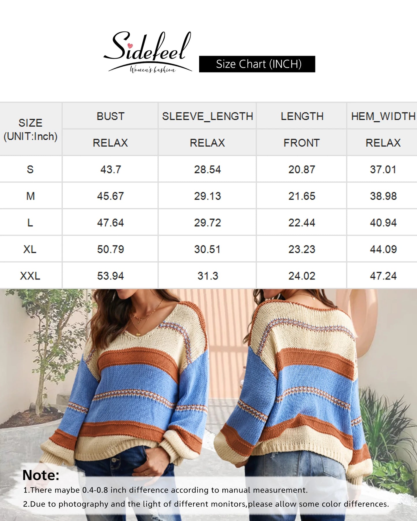 Womens Loose V Neck Sweater Oversized Ladies Color Block Knitted Tops Lantern Sleeve Pullover Shirts M 8-10