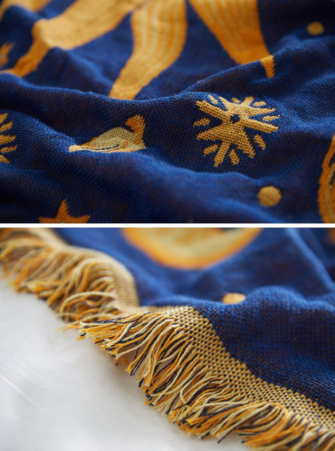 Sun and Moon Stars Hippie Throw Blanket Celestial Tapestry Double-Sided Reversible Woven Cotton Home Decor Bedding Chair Couch Recliner Cover Loveseat Rug Oversized Tassels Blue Yellow (91X71)