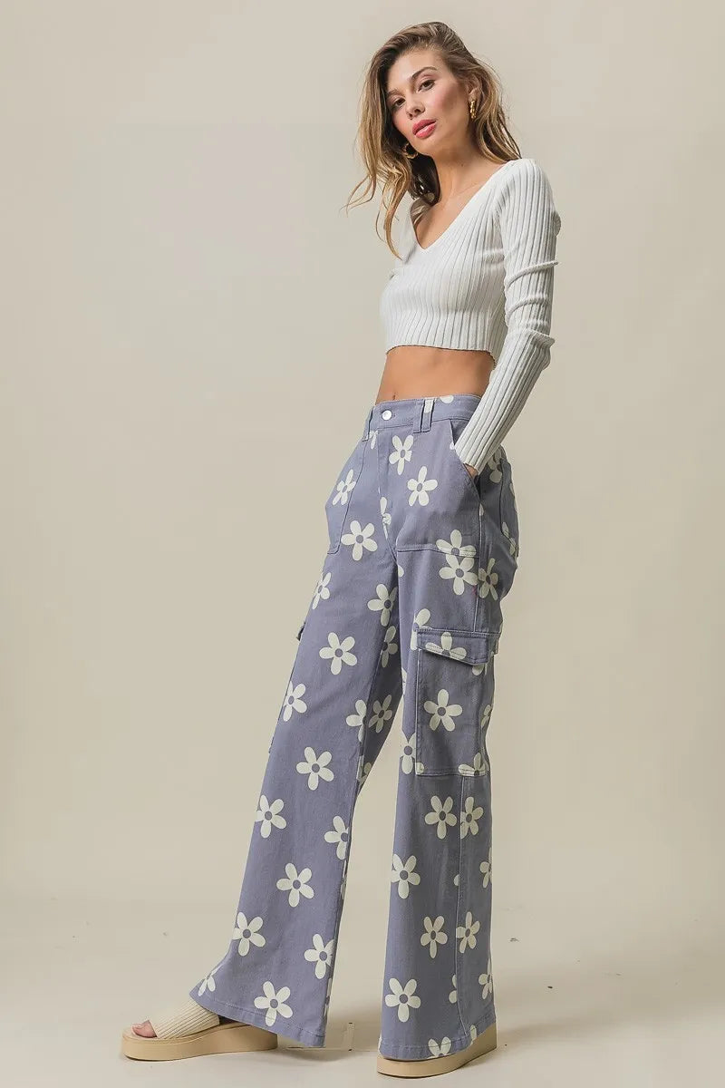 Flower Printed Side Pocket Wide Pants