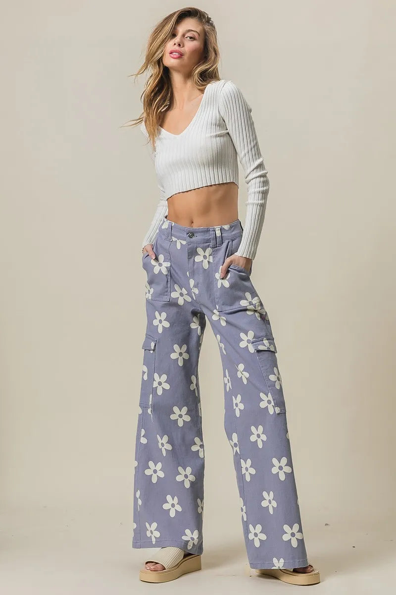 Flower Printed Side Pocket Wide Pants