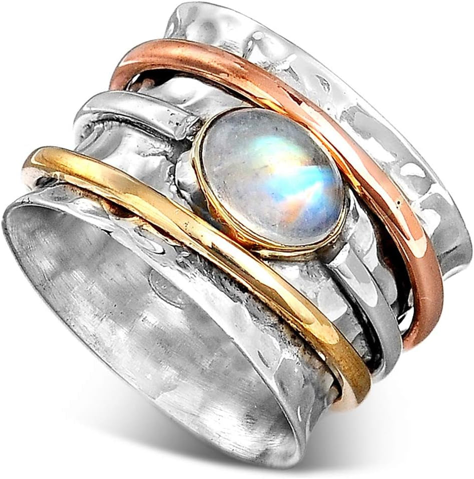 925 Sterling Silver Spinner Moonstone Ring for Women with Copper and Brass Fidget Rings Bands