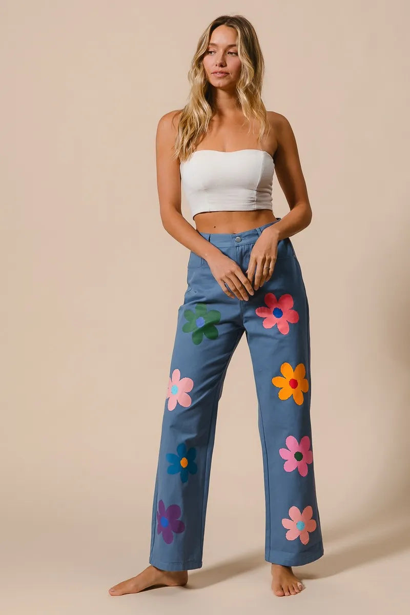 Flower Print Straight Legs Pants