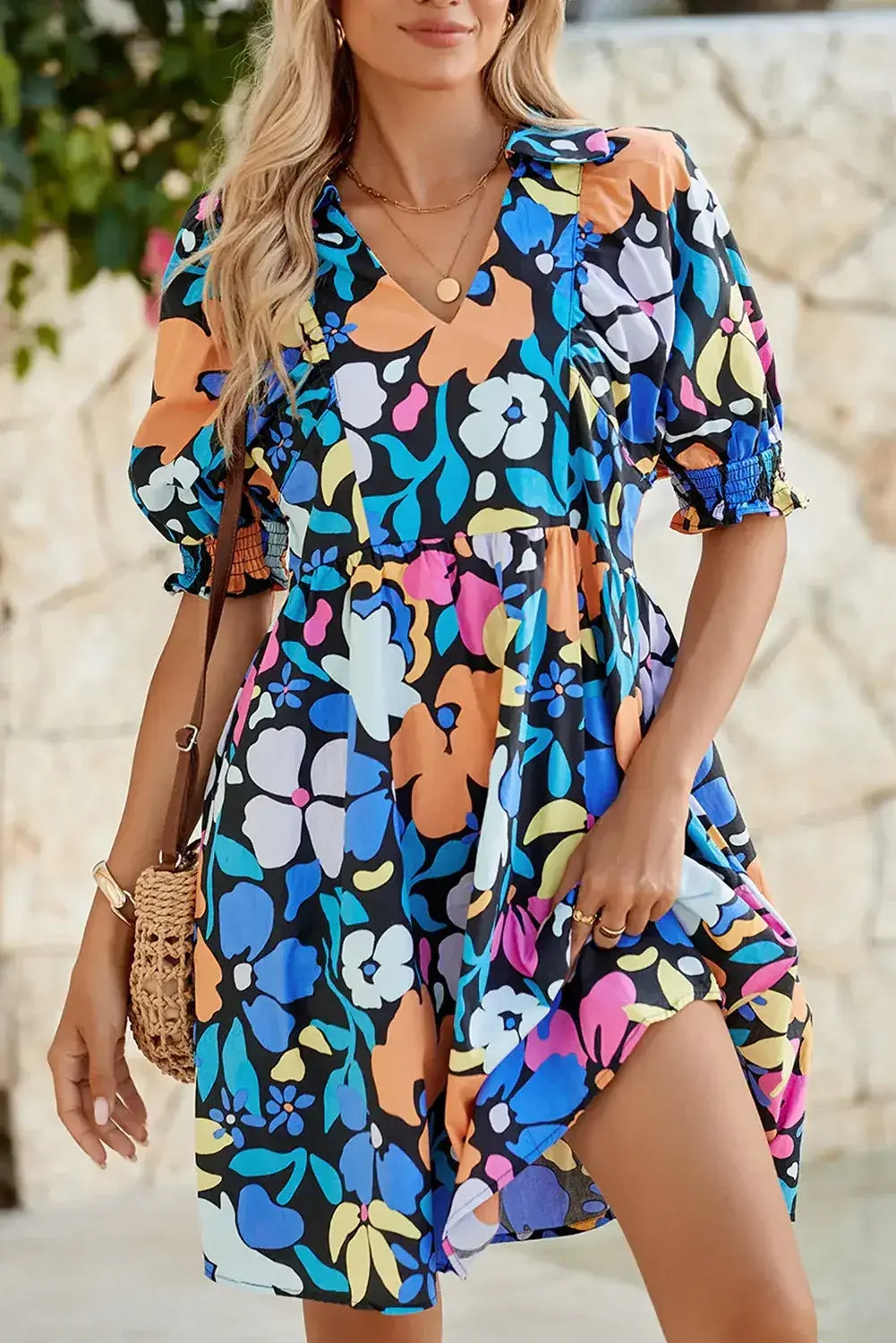 Blue Floral Print Collared Split V Neck Flared Mini Dress - Femstylo