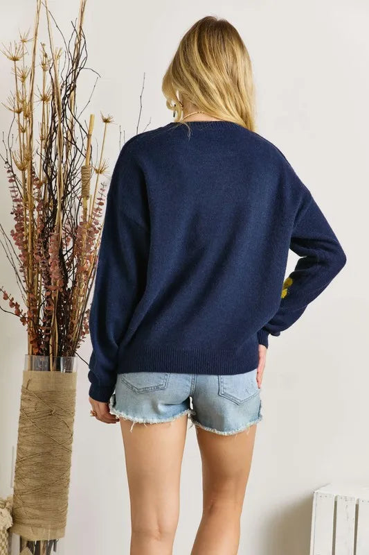 ADORA Full Size Flower Popped Sweater Plus Size in Navy