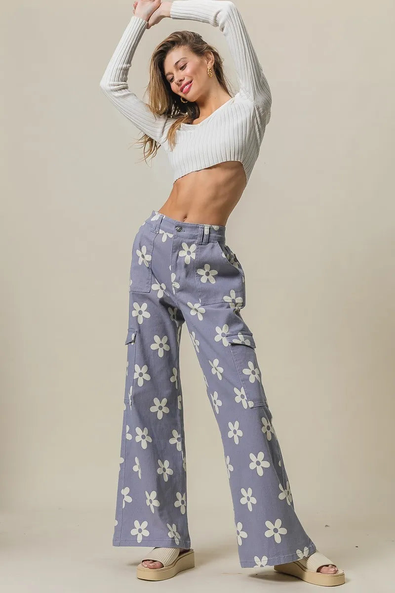 Flower Printed Side Pocket Wide Pants