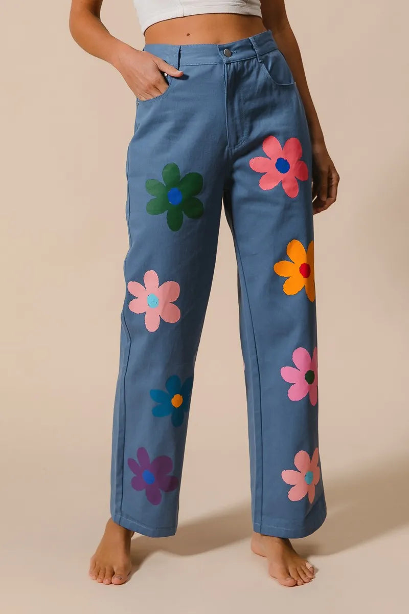 Flower Print Straight Legs Pants
