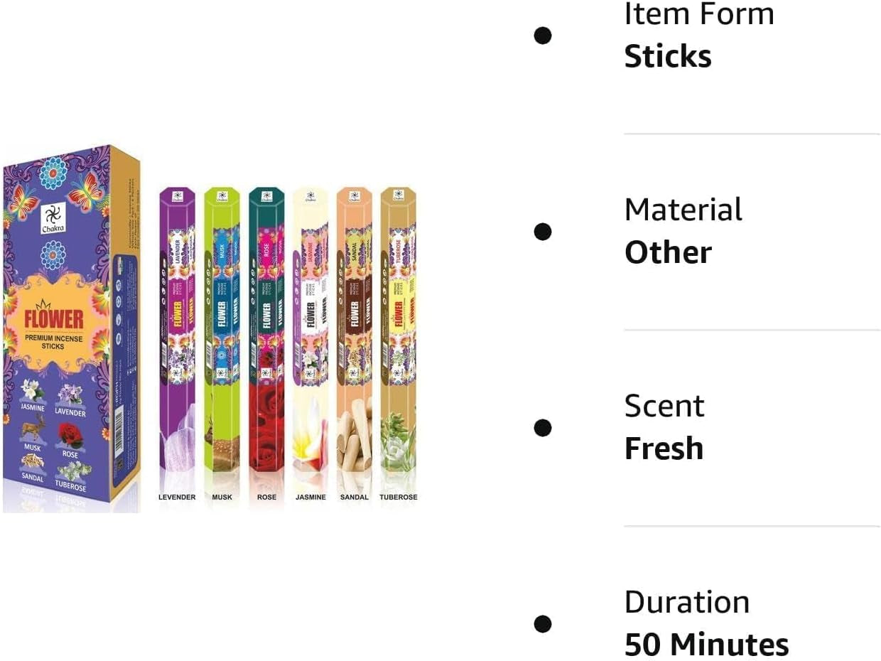 Premium Natural Incense Sticks – Variety Pack of 6 Blossomy Scents – Jasmine, Lavender, Musk, Rose, Sandalwood & Tuberose – Long-Lasting Scented Incense for Meditation & Home Fragrance