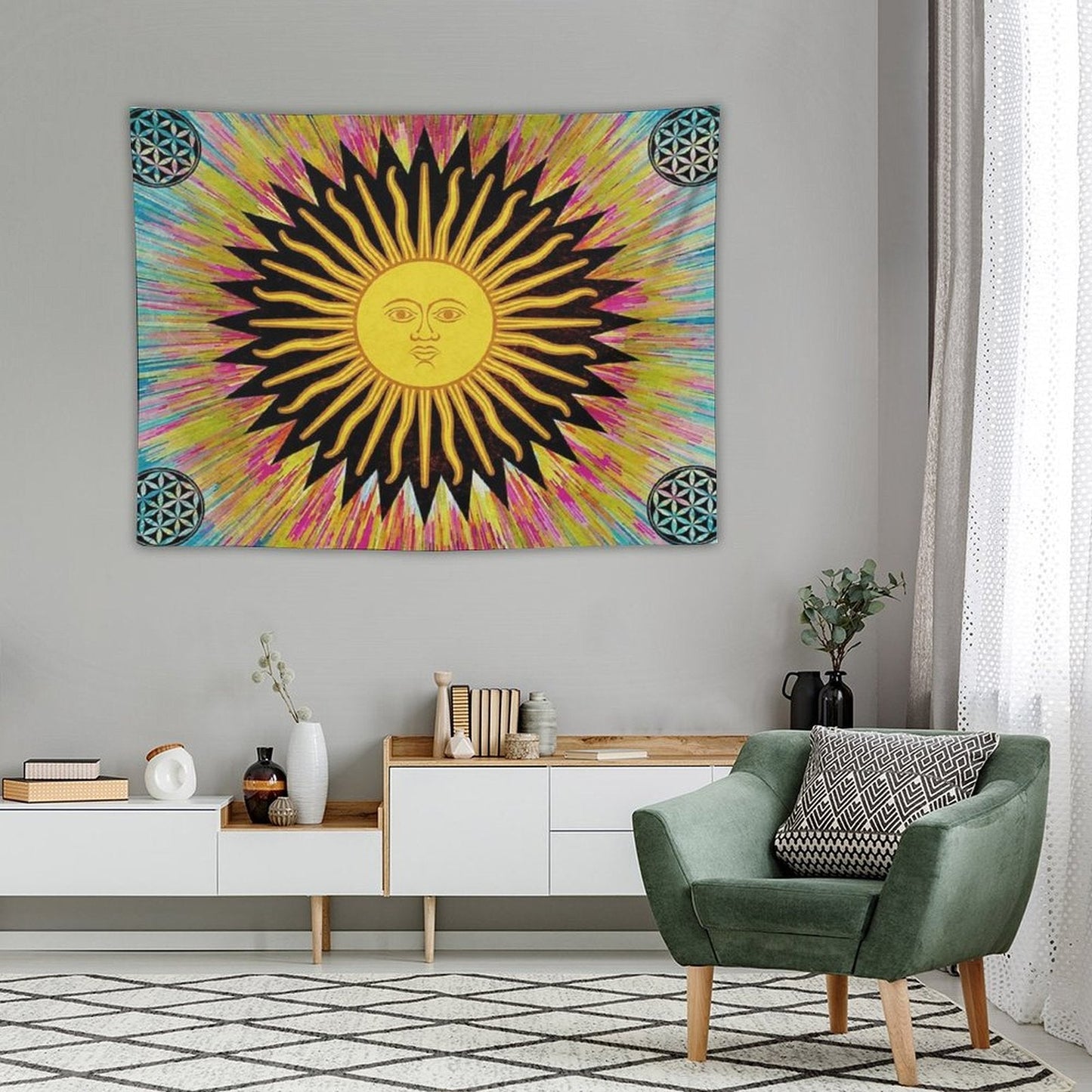 Psychedelic Sun Star Bohemian Zen Hippie Festival Tapestry