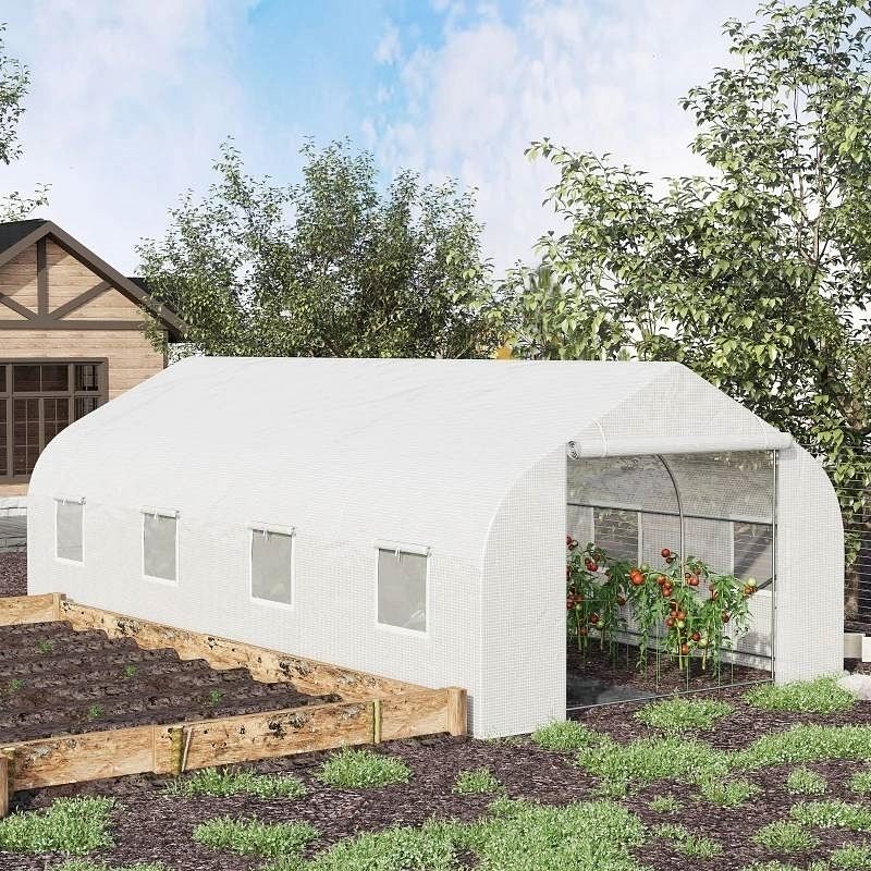 19.5 Ft x 9.8 Ft Outdoor Greenhouse w/ White PE Cover and Heavy Duty