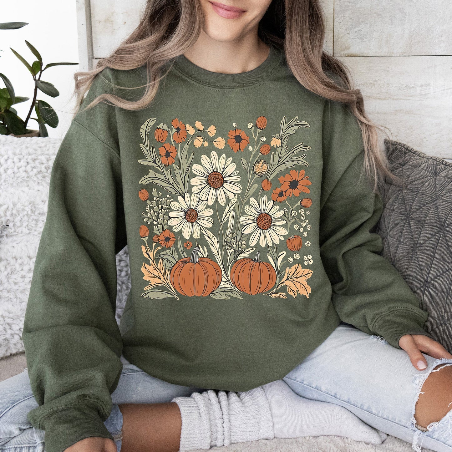 Autumn Botanical, Floral, Flowers, Pressed Flowers, Pumpkins, Thanksgiving Sweatshirt