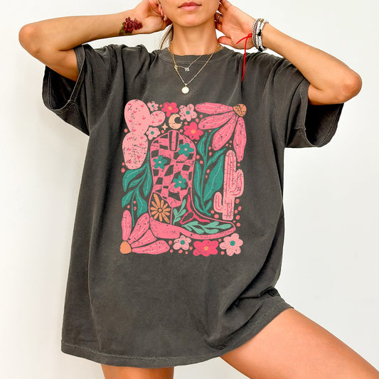 Boho Floral Cowboy Boots, Colorful, Summer, Western, Country, Trendy Shirt Comfort Colors T-Shirt