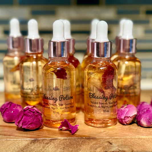Blessing Oil Potion with Rose, Quartz Crystals, Frankincense & Myrrh |Infused Argan Oil