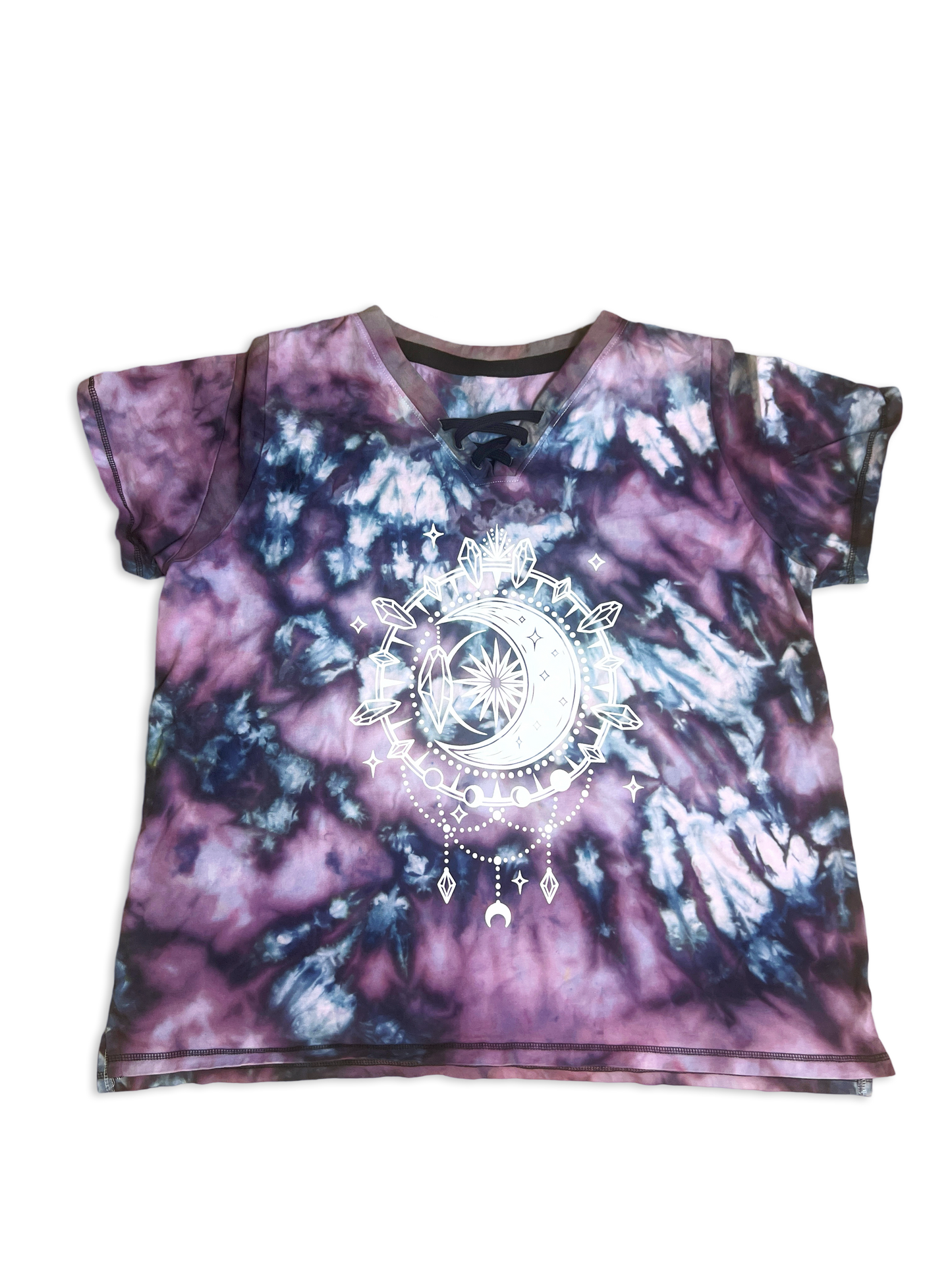 Lunar Alchemy - Tie-Dye Curvy Lace Up Fine Jersey Tee- Infused with Moonstone