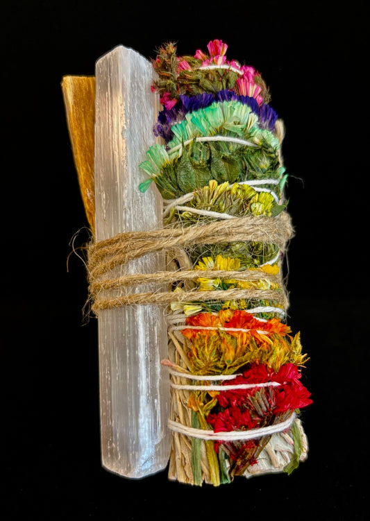 4" Chakra Sage Smudge Stick with Palo Santo & Raw Selenite – Ethically Sourced from Mexico