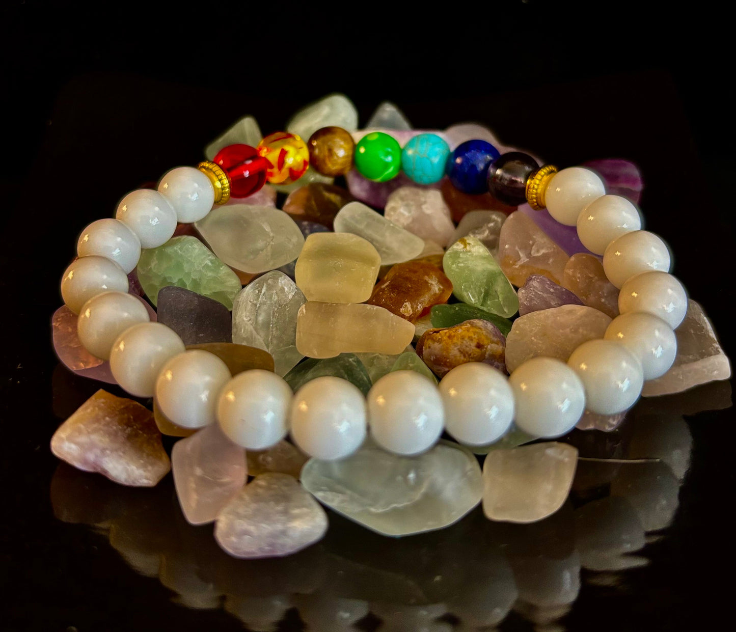 Chakra Energy Healing Bracelet – White Crystal Beads – Small to Medium Wrists