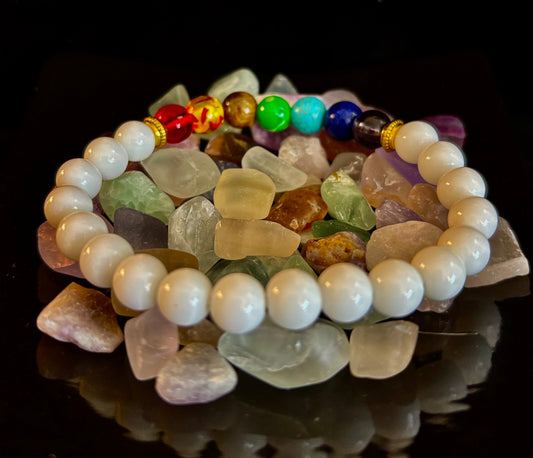 Chakra Energy Healing Bracelet – White Crystal Beads – Small to Medium Wrists