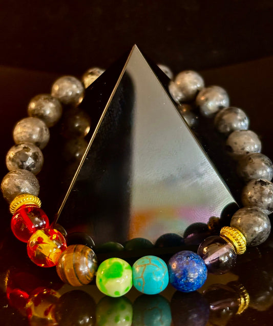 Chakra & Black Spectrolite Energy Balance Bracelet – 8mm Beads (Small to Medium Wrists)