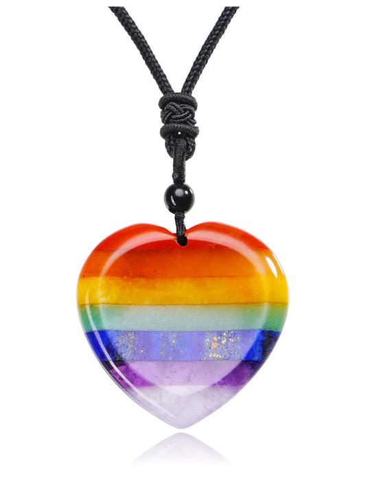 Jovivi Natural 7 Chakras Healing Crystals Necklace Heart Gemstone Palm Worry Stone Chakra Pendant Necklace for Anxiety Stress Relief Balancing Meditation