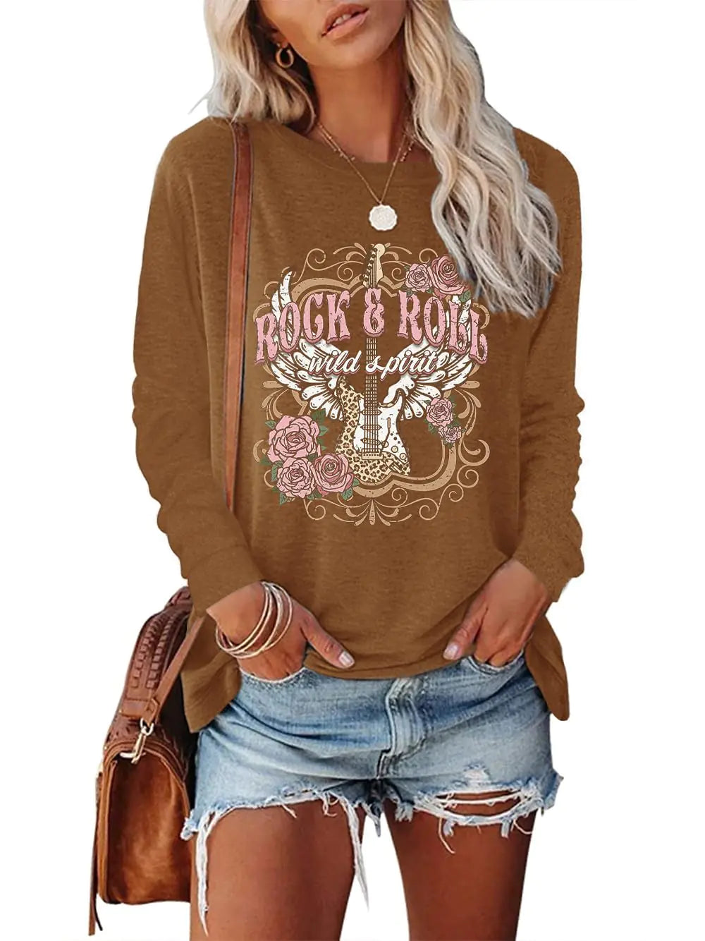 Rock Band T-Shirts Womens Long Sleeve Country Music Shirts Retro Floral Guitar Graphic Tees Trendy Tops(BrownS)