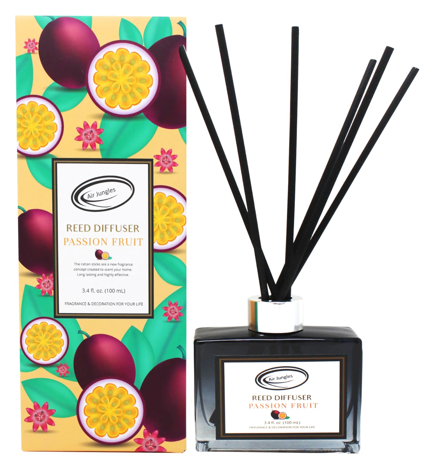 Air Jungles Passion Fruit Fragrances Reed Diffuser Set with Sticks Scent Incense Oil Essential Oil Air Freshener for Home Office Gym and Room Diffuser 3.4 fl. oz