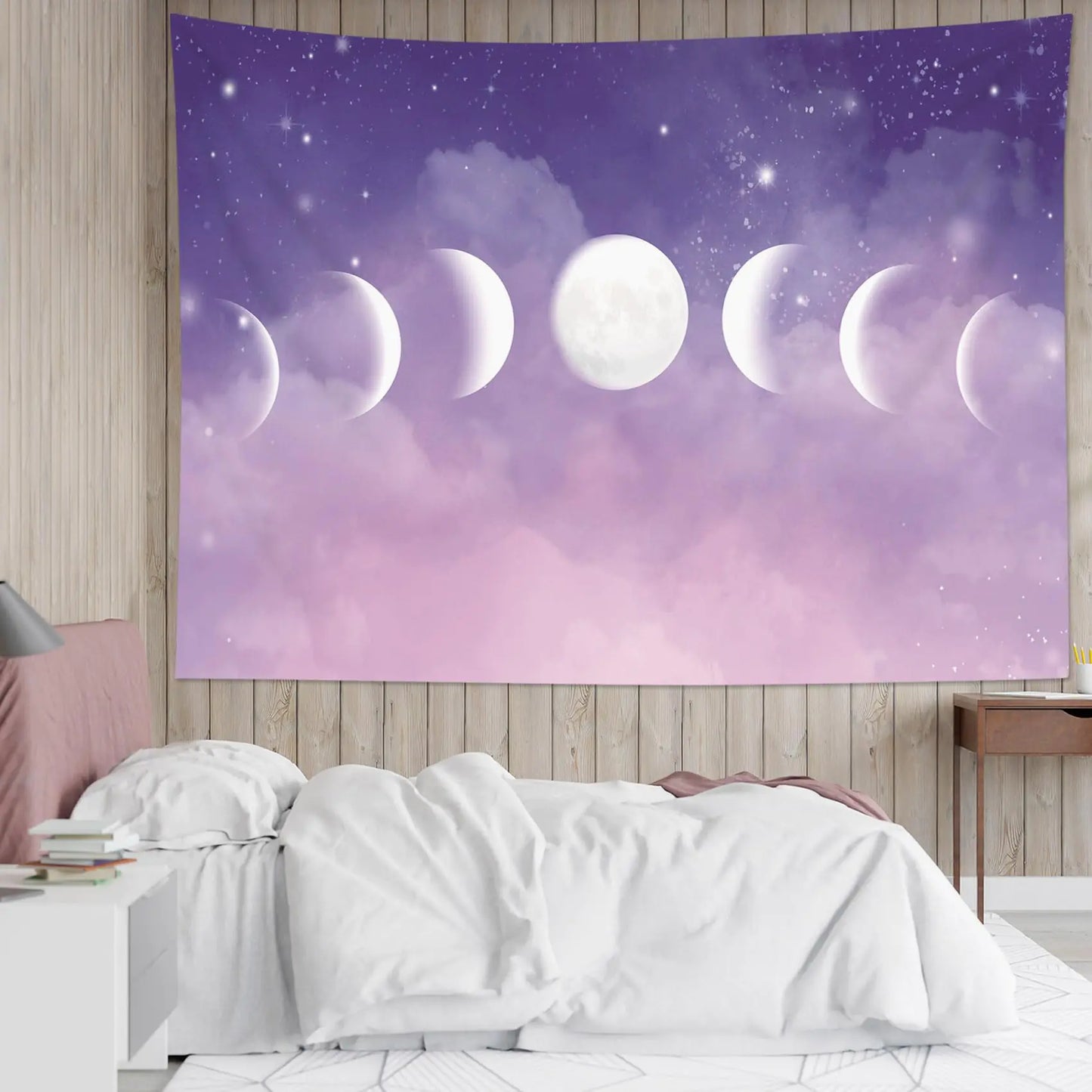HVEST Moon Phase Tapestry Wall Hanging Moon Phase and Stars with Cloud in the Purple Sky Background Tapestry Pastel Nature Landscape Tapestry for Living Room Bedroom Aesthetic Decor 59x51 Inches