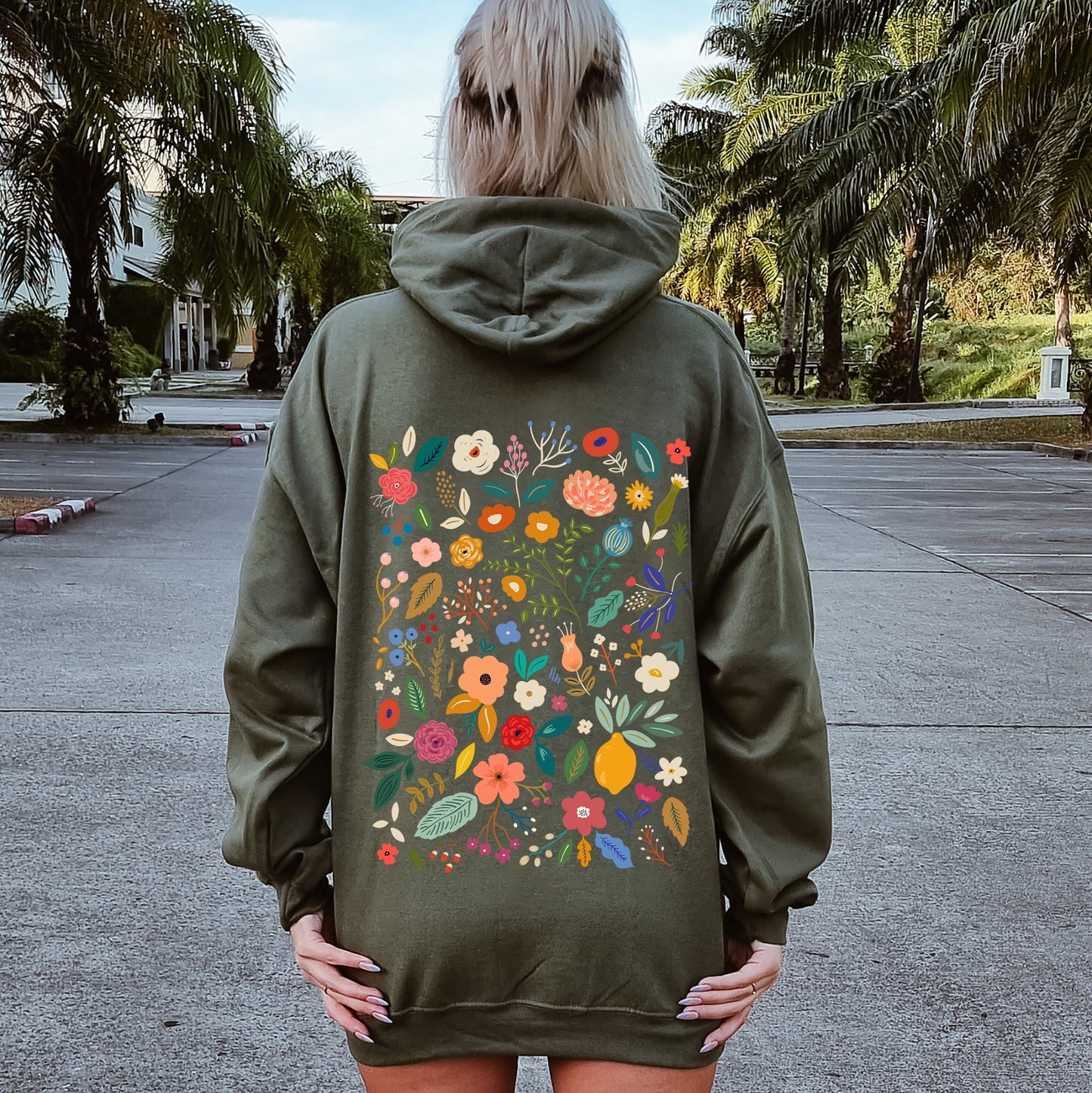 Colorful Delicate Floral Pattern, Leaves, Flowers Hoodie