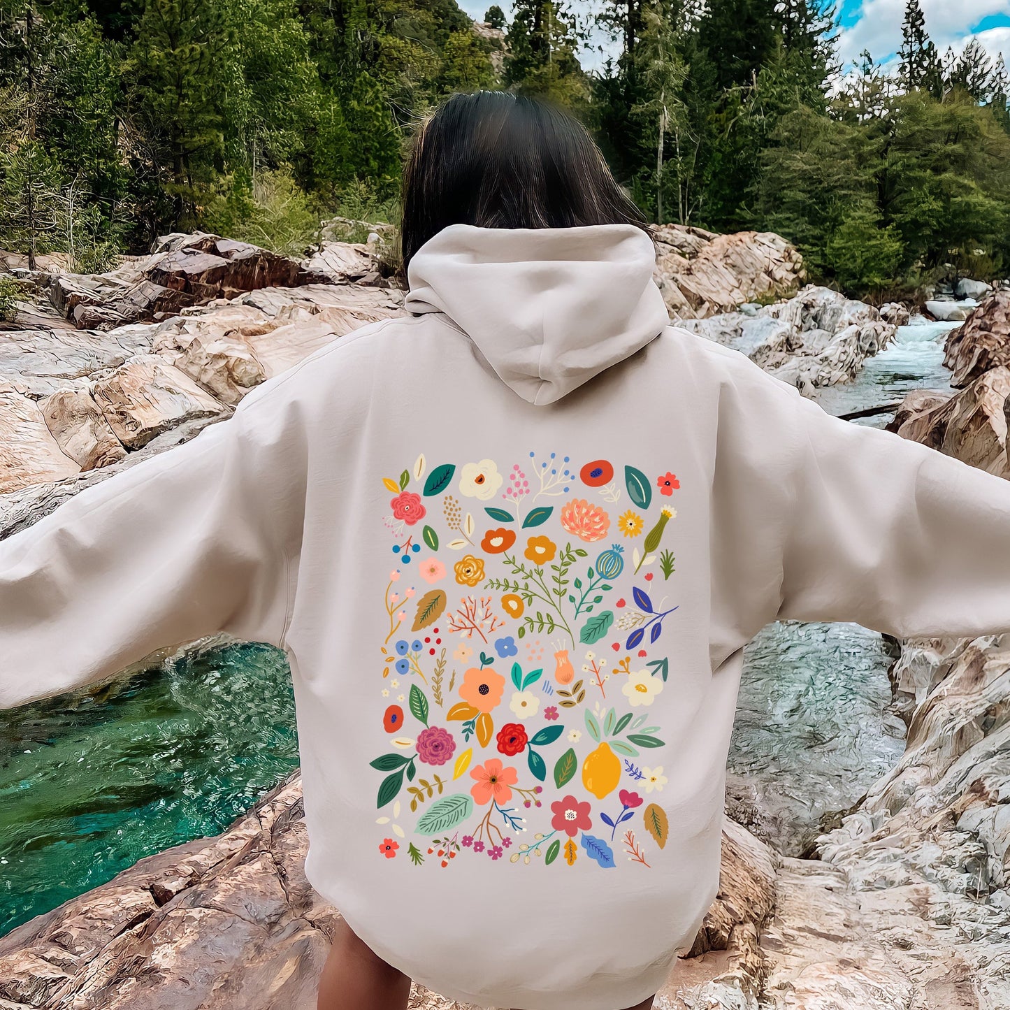 Colorful Delicate Floral Pattern, Leaves, Flowers Hoodie