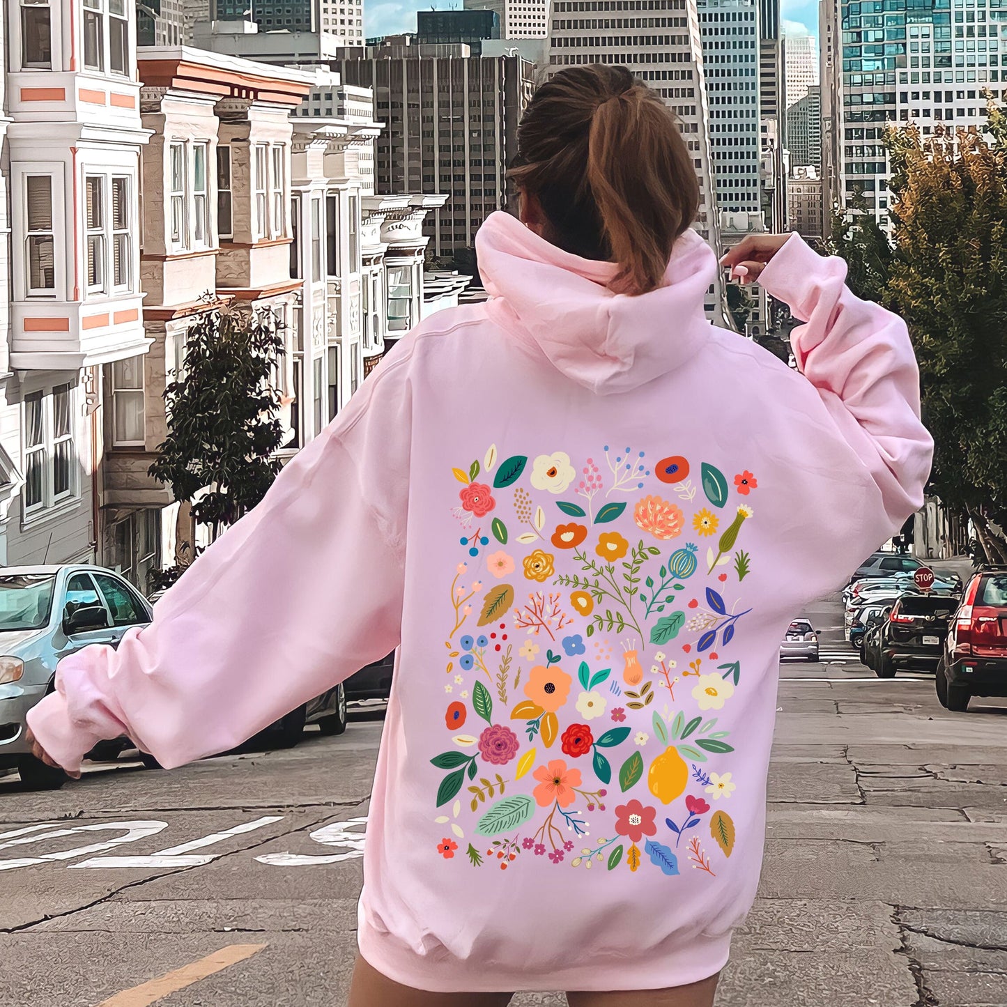 Colorful Delicate Floral Pattern, Leaves, Flowers Hoodie