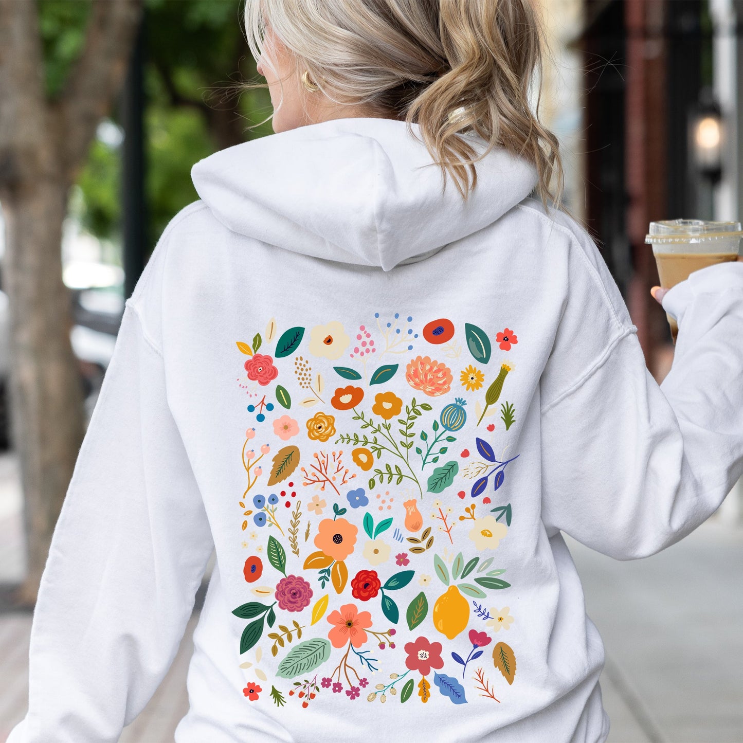 Colorful Delicate Floral Pattern, Leaves, Flowers Hoodie