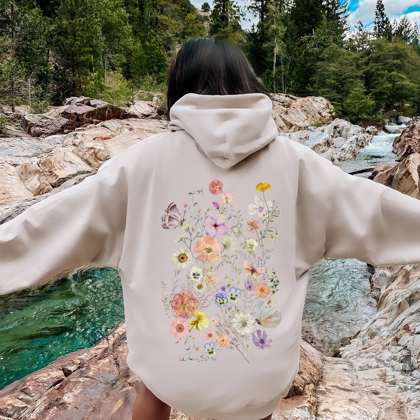 Butterfly Mountain Meadow Pressed Flower Hoodie