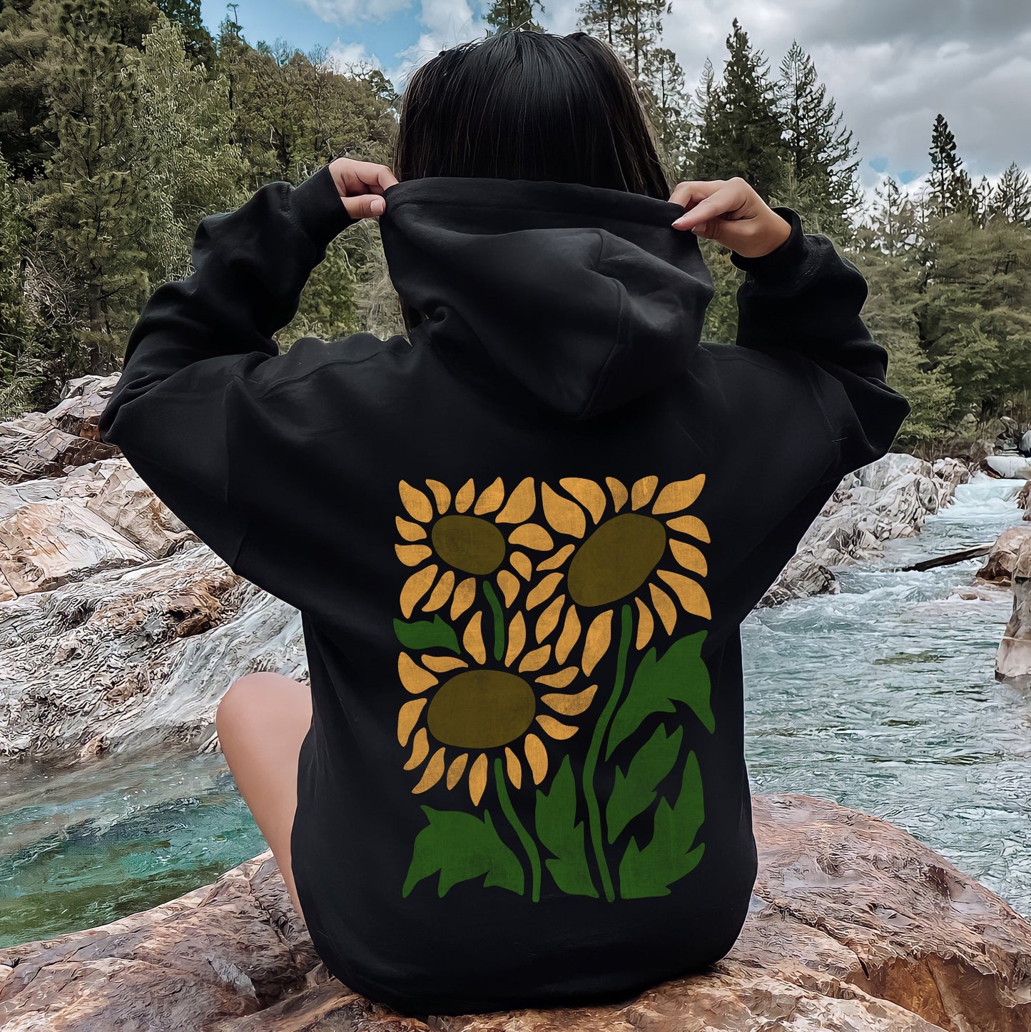 Boho Sunflowers, Retro Floral Hoodie