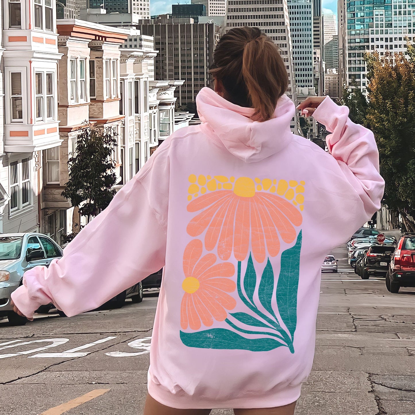 Colorful Daisies, Art Nouveau, Floral Design Hoodie