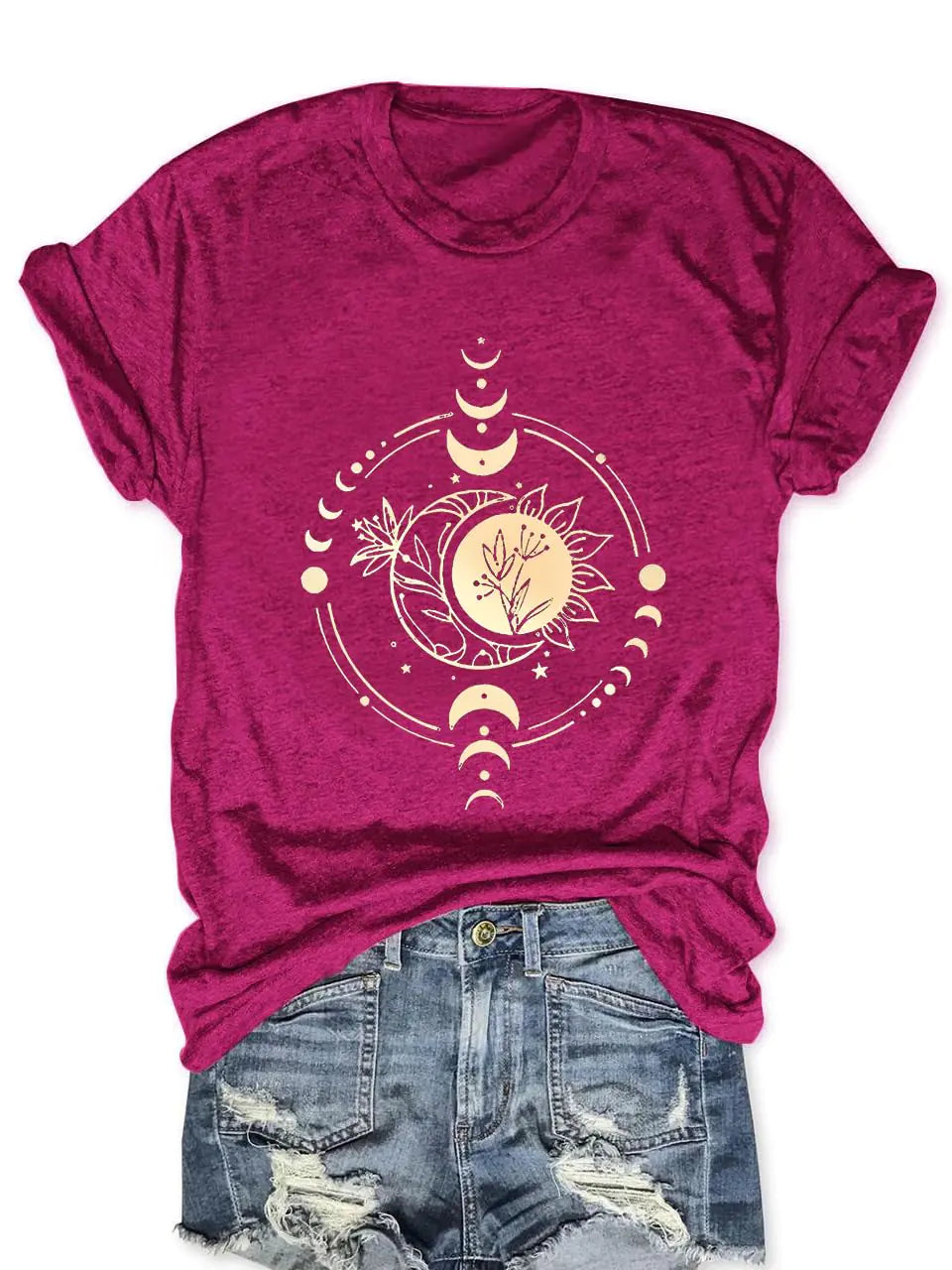 Women Celestial Moon and Sun Shirt Vintage Boho Flower T Shirts Short Sleeve Tops(RoseM)