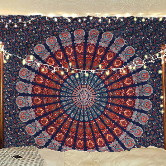 Bless International Handmade Indian hippie Bohemian Psychedelic Peacock Mandala Wall hanging College Dorm Beach Throws Table Cloth Bedding Tapestry (Golden Blue White Twin(54x72Inches)(140x185cms))