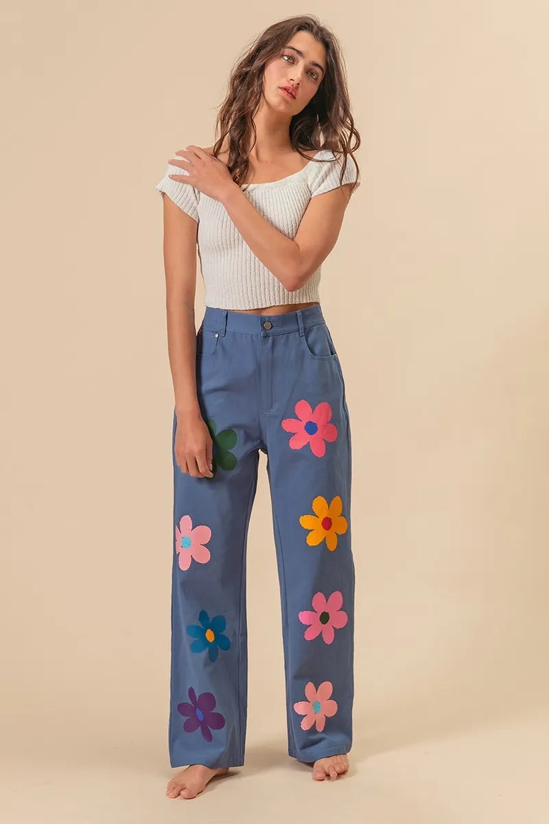 Flower Print Straight Legs Pants
