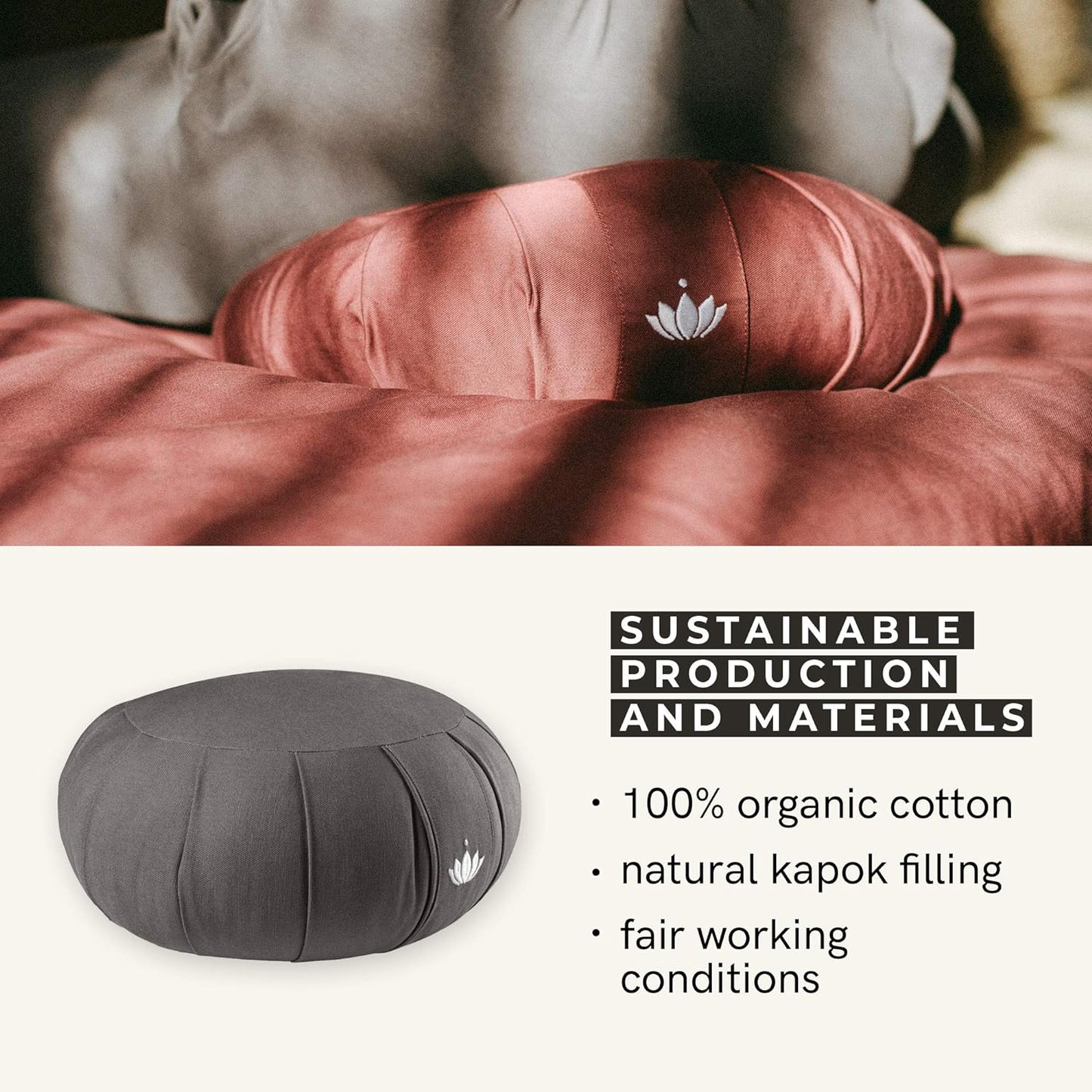 Zafu Meditation Cushion Kapok Delight - Height 15 Cm - Kapok Filling - Washable Cover Organic Cotton - Floor Cushion for Meditation - Yoga Cushion - Meditation Pillow