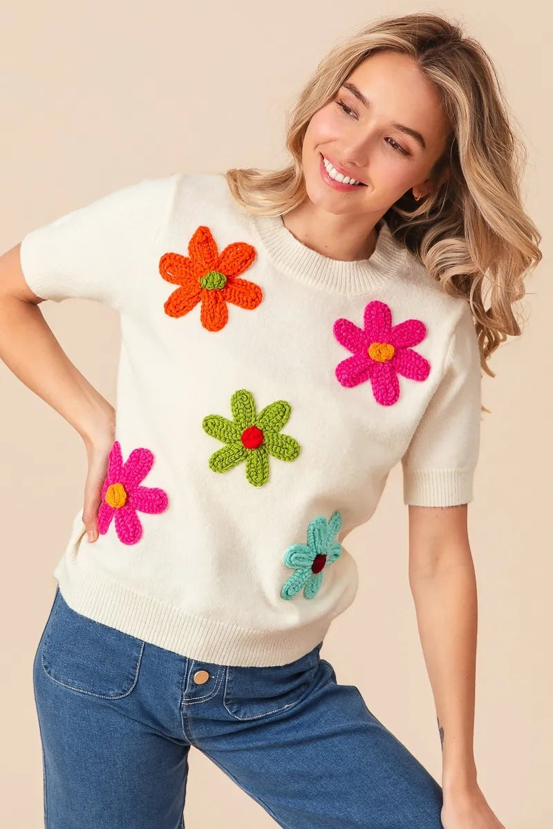 BiBi Crochet Flower Patch Sweater Top