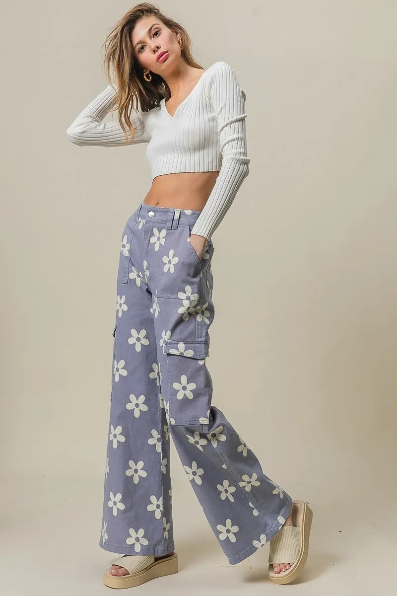 Flower Printed Side Pocket Wide Pants