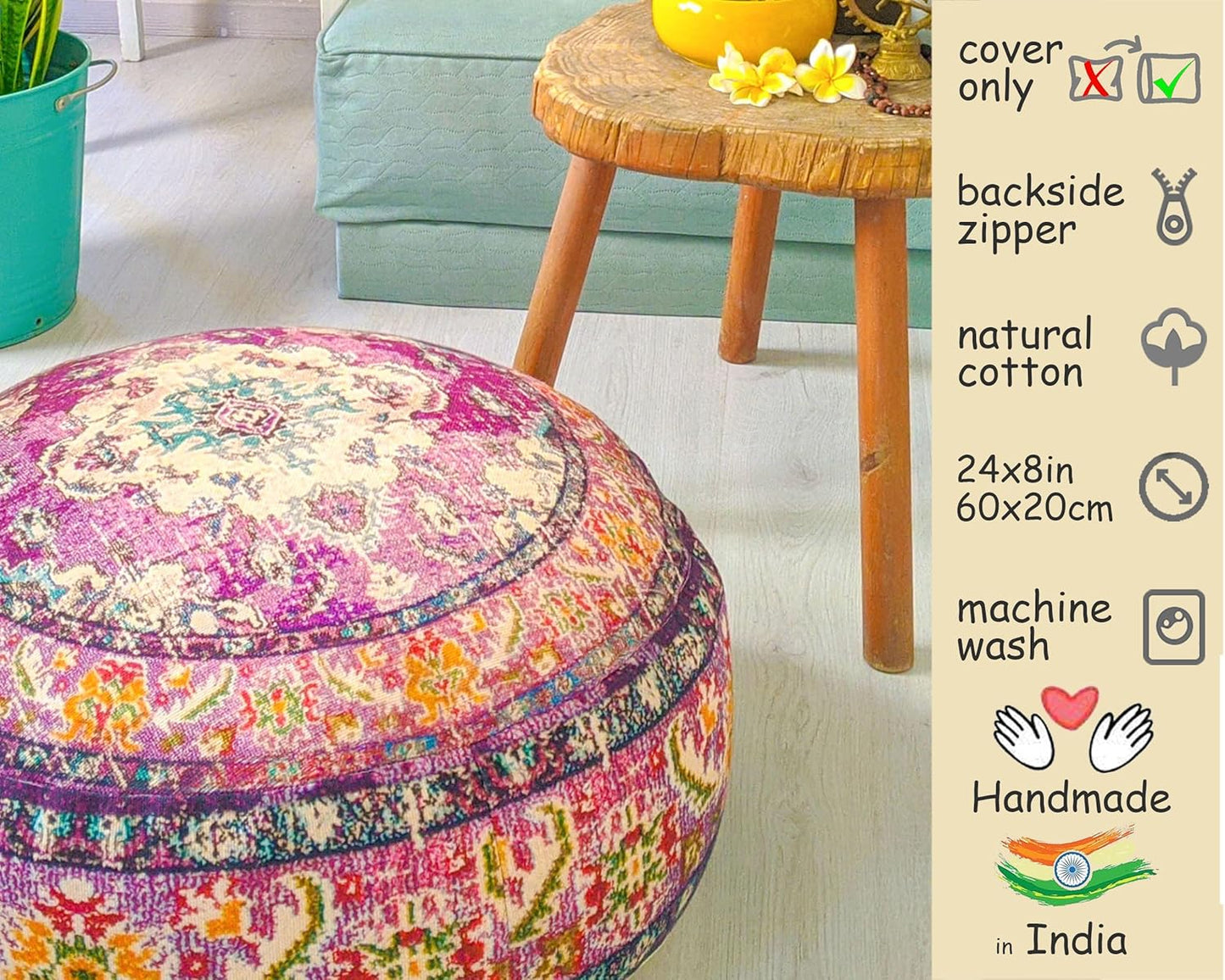 Boho Floor Cushion Cover Purple round Purple Pillow Case Moroccan Décorative Pouf Perfect for Living Room, Bedroom, Nursary or Children Room Pouf Beanbag Stool Cotton 24X8 Unstuffed