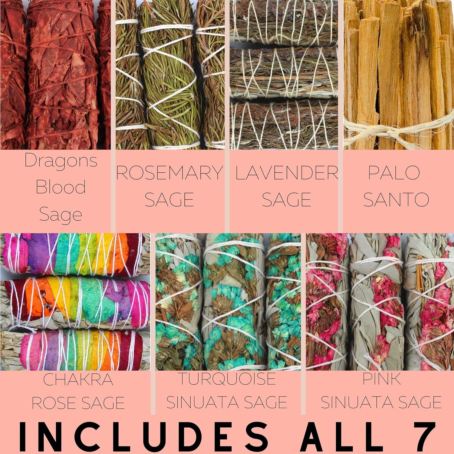 DOX + LAMB 7PC Variety White Sage Kit, Beginner Smudging Bundle, Lavender, Chakra, Rose Flower Sage, Rosemary, Dragon Blood, Palo Santo. Meditation, New Home Cleansing, Manifest (7 PC Sage Kit)