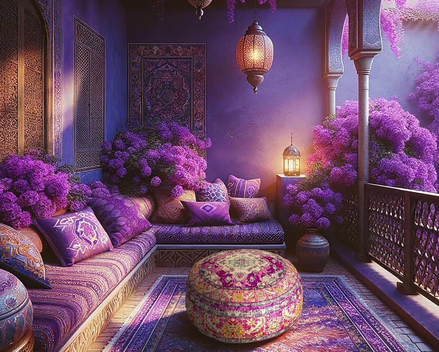 Boho Floor Cushion Cover Purple round Purple Pillow Case Moroccan Décorative Pouf Perfect for Living Room, Bedroom, Nursary or Children Room Pouf Beanbag Stool Cotton 24X8 Unstuffed