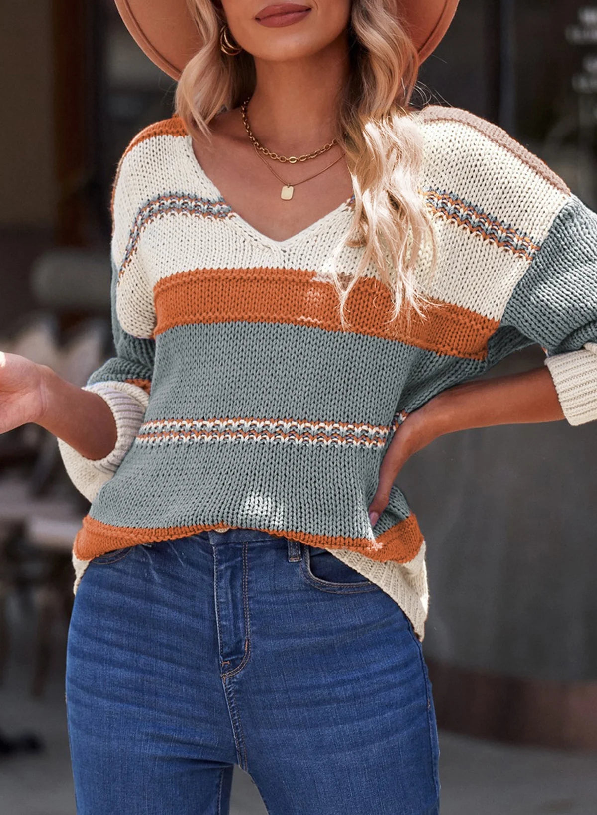 Womens V-Neck Knitted Lantern Sleeve Pullover Sweater Fashion Color Block Cable Knit Jumper Tops S 4-6