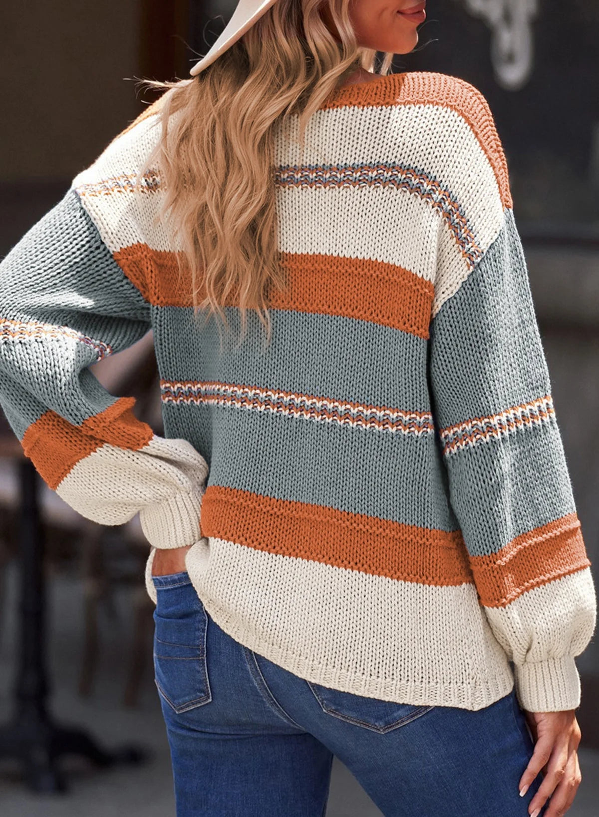 Womens V-Neck Knitted Lantern Sleeve Pullover Sweater Fashion Color Block Cable Knit Jumper Tops S 4-6