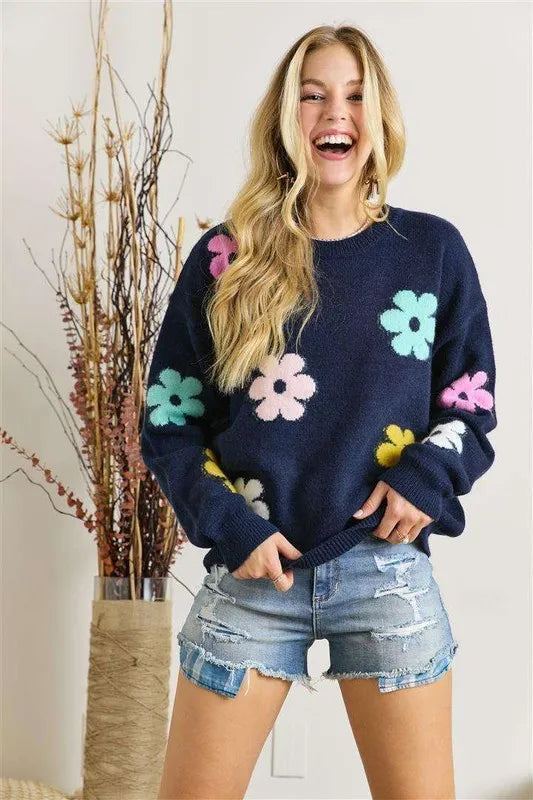 ADORA Full Size Flower Popped Sweater Plus Size in Navy