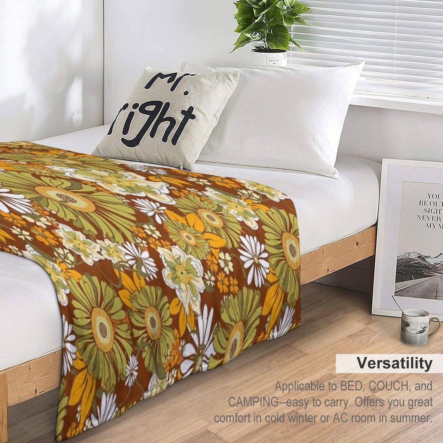 70s Retro Vintage Flower Power Pattern Boho, Orange, Brown, Throw Blanket