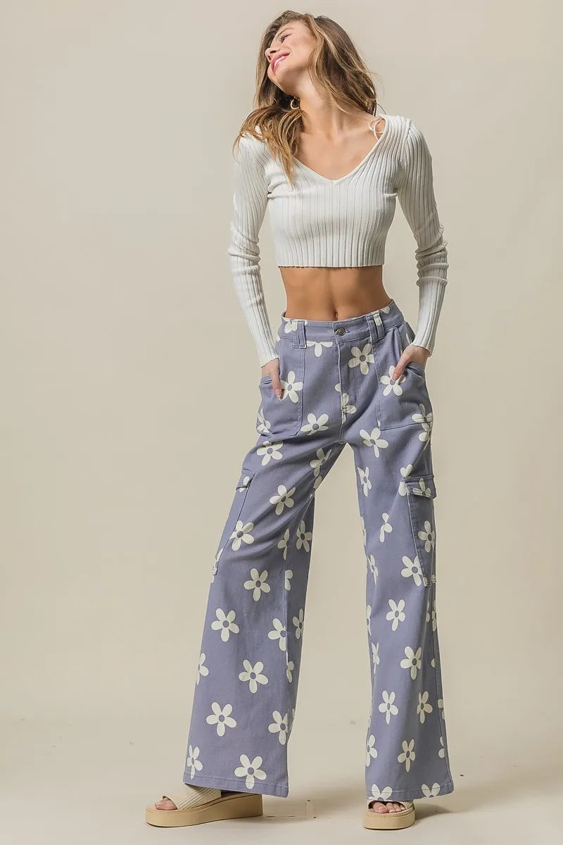 Flower Printed Side Pocket Wide Pants