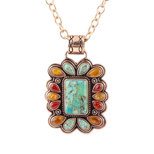 Blue Turquoise and Red Carnelian Copper Pendant Necklace