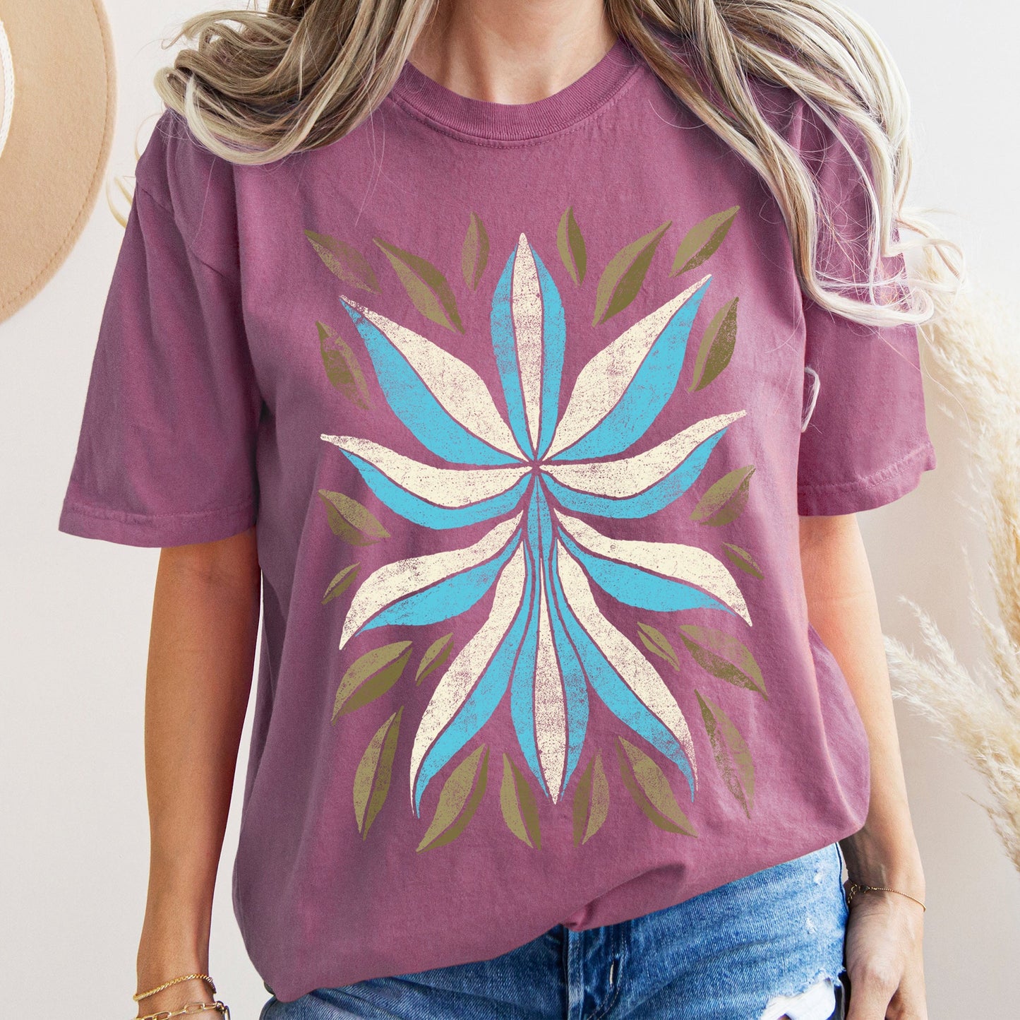Boho Folk Art Flower and Leaves Comfort Colors Tshirt