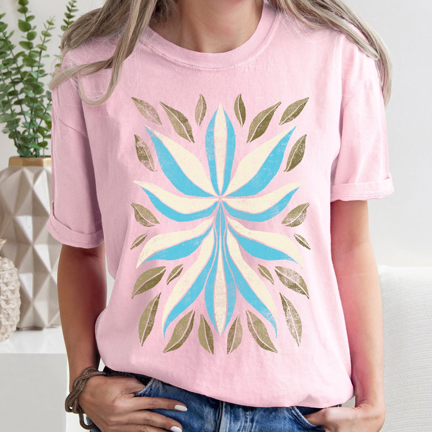 Boho Folk Art Flower and Leaves Comfort Colors Tshirt