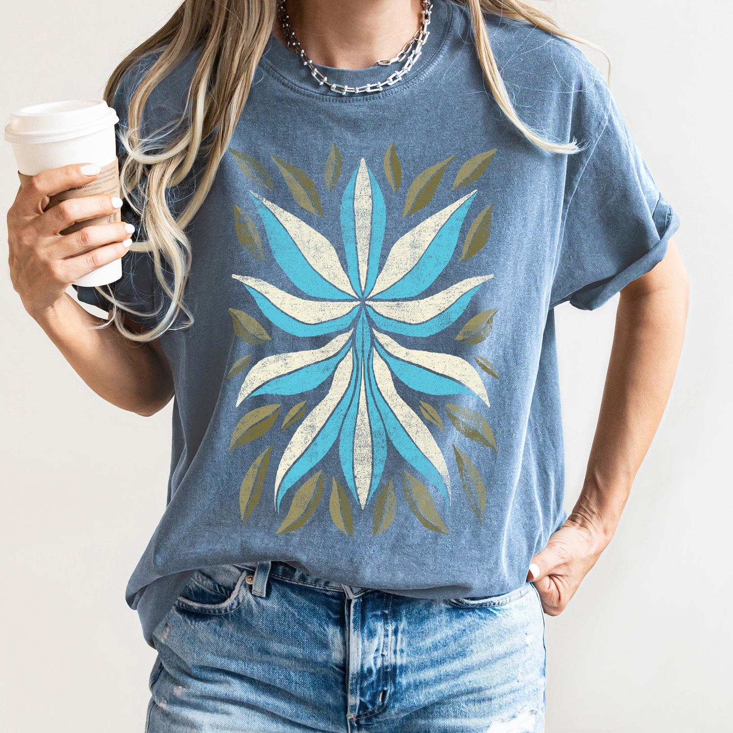 Boho Folk Art Flower and Leaves Comfort Colors Tshirt